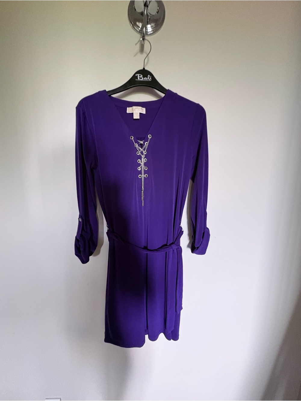 Michael Kors purple Long-Sleeve V-Neck Belted Dress with Front Embellishment